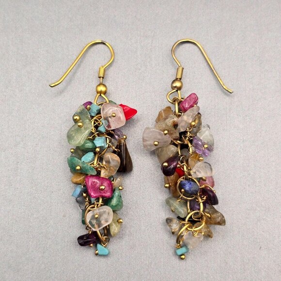 VTG Multi-Gemstone Beaded Dangle Earrings 2.25" Gold-Tone Hooks - Picture 5 of 6